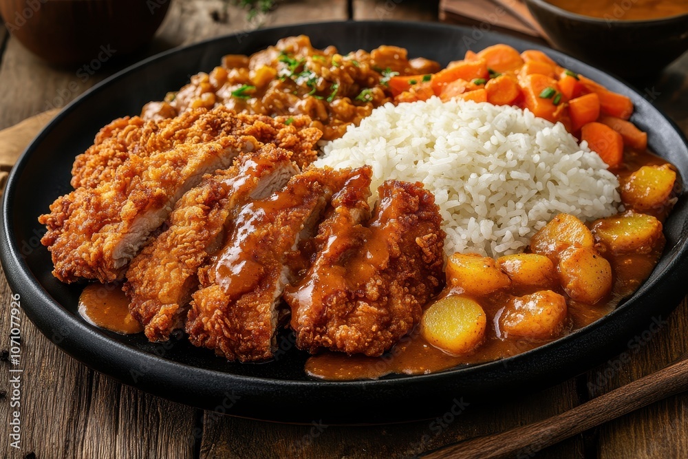 Japanese dish chicken katsu curry rice crispy fried chicken cutlet served with carrot and potato curry on a black plate