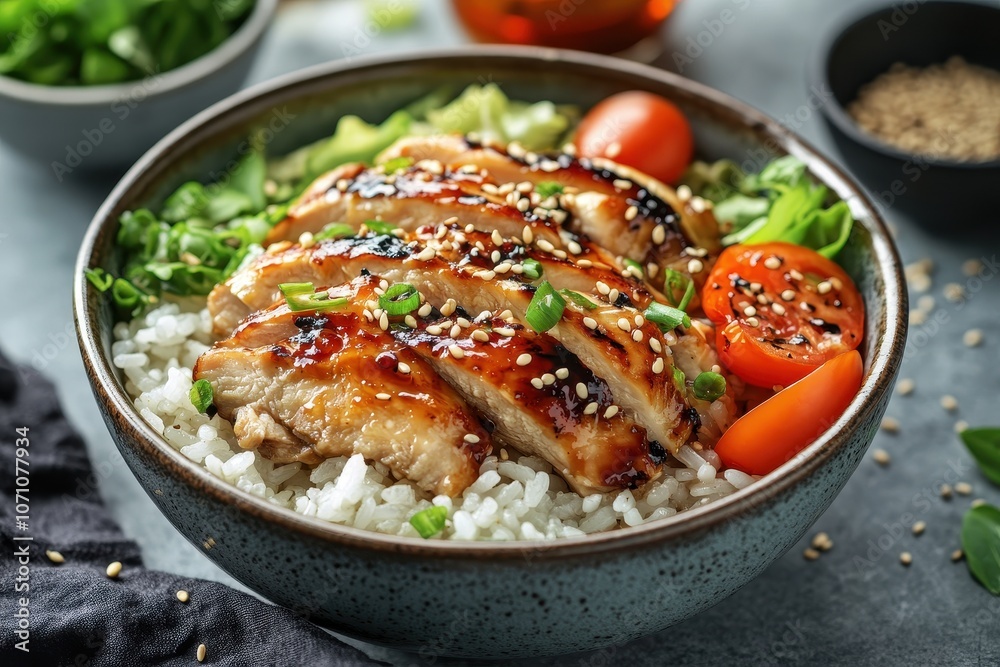 Japanese food rice with grilled teriyaki chicken or teriyaki don sprinkled with sesame seeds served in a bowl Japanese food rice with grilled teriyaki chicken or teriyaki don sprinkled with sesame seeds served in a bowl