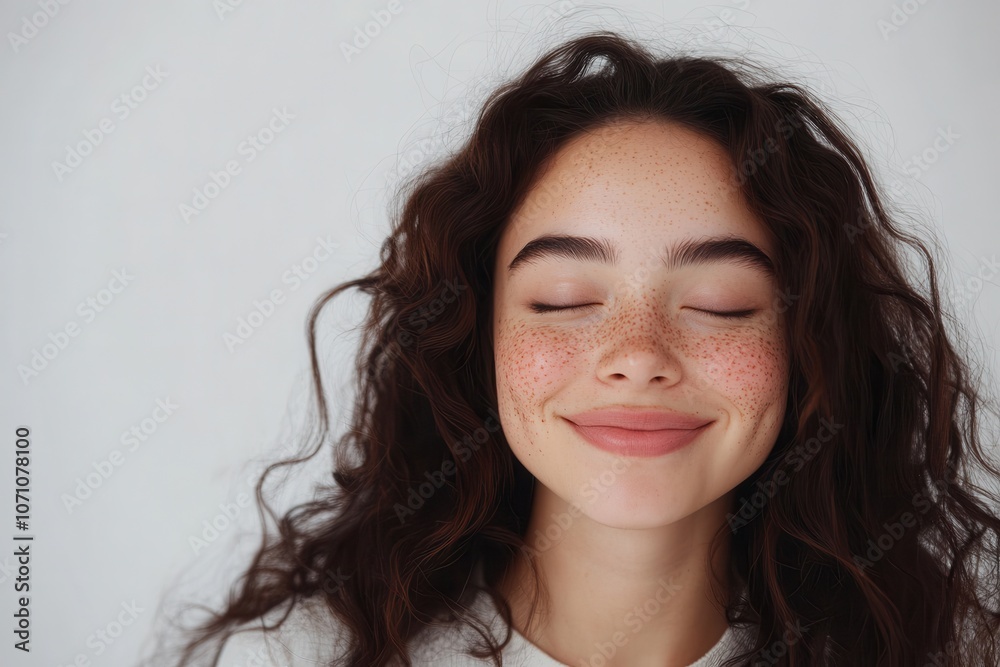 Joyful brunette Latina woman with freckles against a white backdrop eyes closed promoting skincare products in a vertical pose