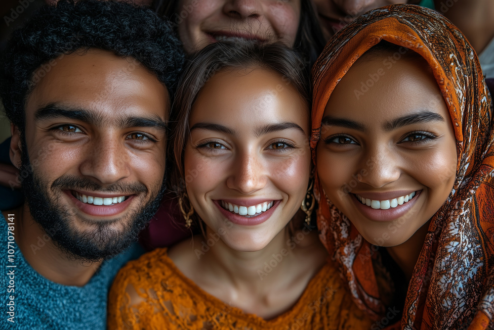 A joyful gathering of diverse friends smiling together in a cozy indoor setting during a casual get-together in the evening A joyful gathering of diverse friends smiling together in a cozy indoor setting during a casual get-together in the evening