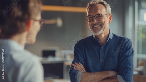 Man 40-50 years old smiling and talking to friend in room or room with folded arms and glasses, selective focus with space for text or inscriptions 