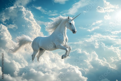 A white unicorn with its front legs raised jumping among the blue sky with white clouds 