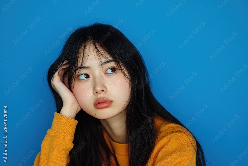 Lonely and unhappy Asian teen girl leaning against a palm gazing at the upper left set against a blue backdrop Lonely and unhappy Asian teen girl leaning against a palm gazing at the upper left set against a blue backdrop
