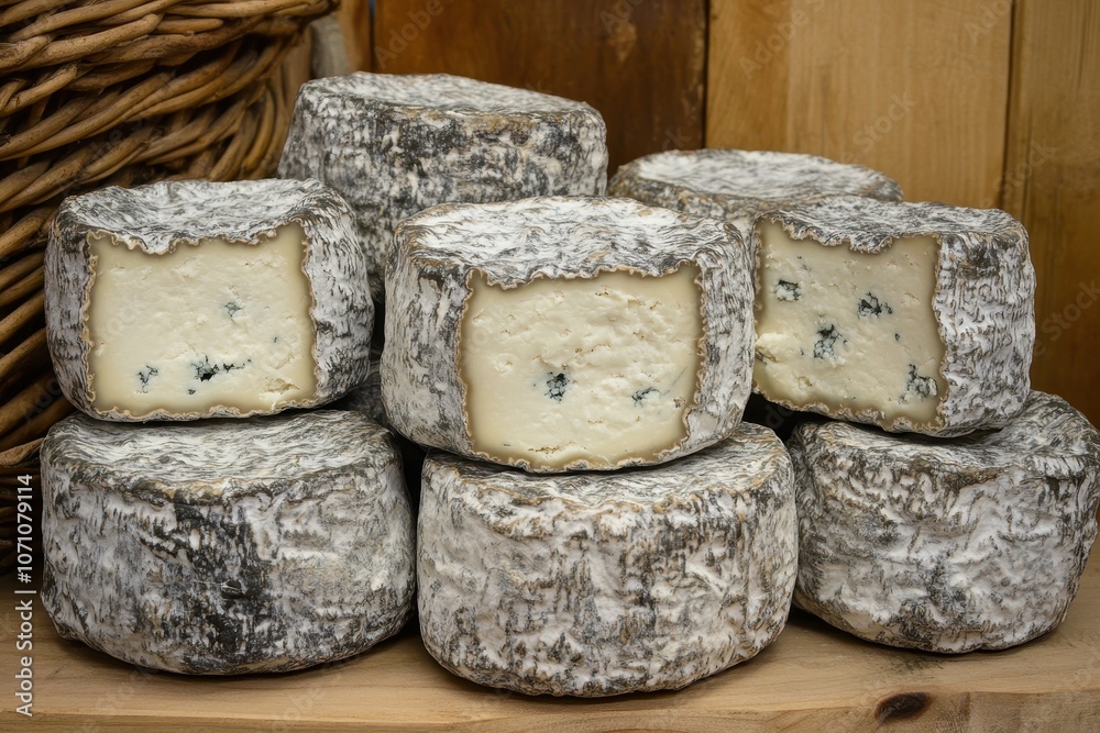 Matured gray molded goat cheeses from Macon Burgundy France Matured gray molded goat cheeses from Macon Burgundy France