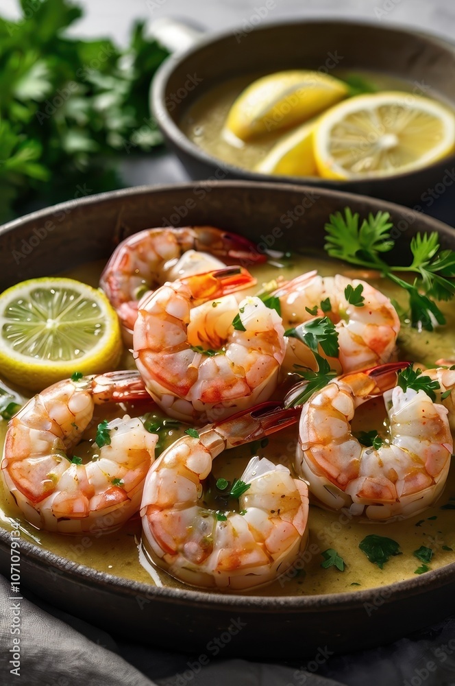 Pink shrimp with herbs and lemon garnish, delicious seafood dish close-up Pink shrimp with herbs and lemon garnish, delicious seafood dish close-up