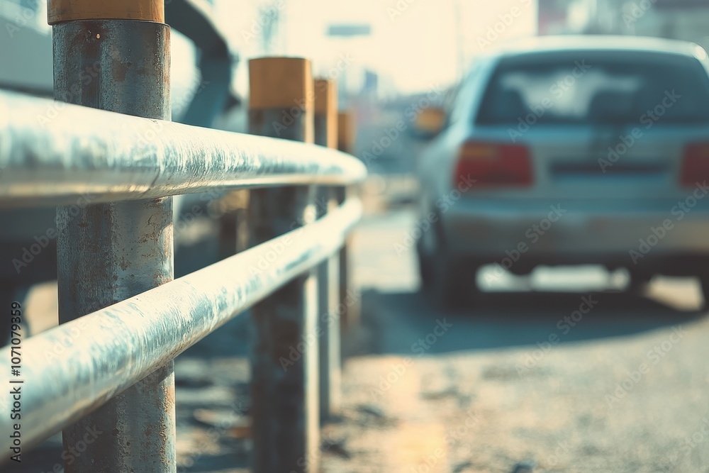 Metal barrier installed alongside roads for vehicle accident protection Transportation safety equipment selective focus Metal barrier installed alongside roads for vehicle accident protection Transportation safety equipment selective focus