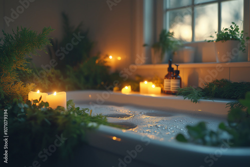 Relaxing bath with candles and greenery in a cozy bathroom at twilight, creating a soothing self-care experience photo