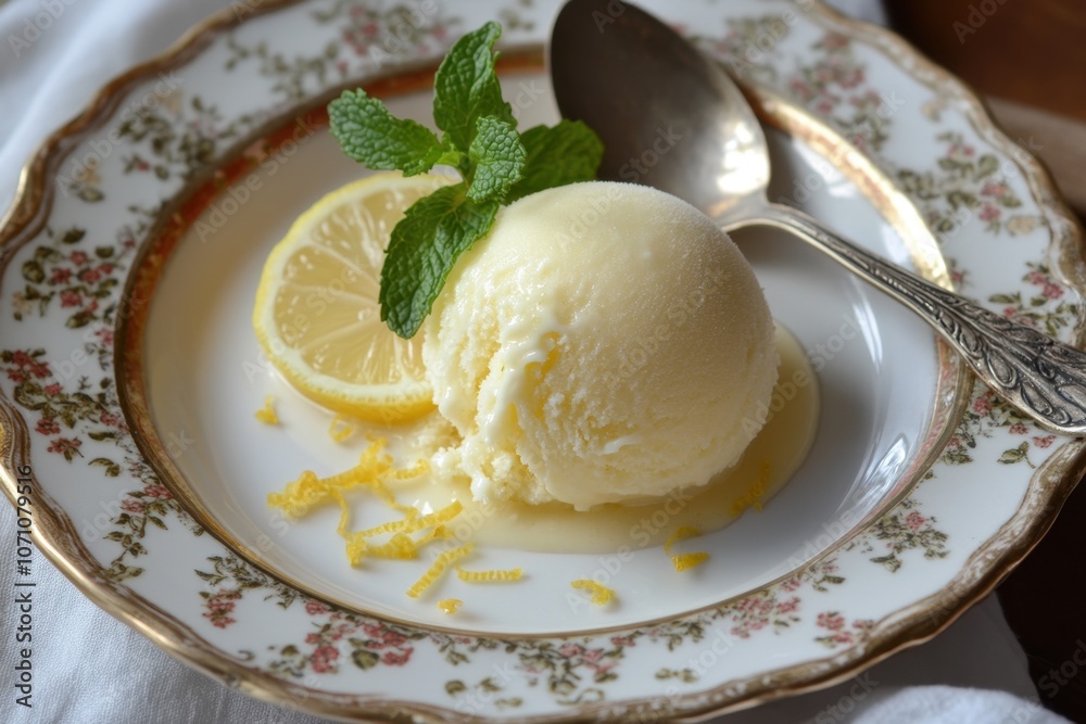 An elegant dessert plate featuring a scoop of lemon sorbet with a sprig of mint An elegant dessert plate featuring a scoop of lemon sorbet with a sprig of mint