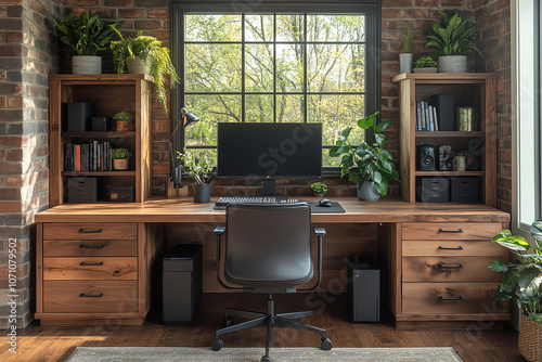 Stylish modern home office with wooden furniture and ample natural light through large windows photo