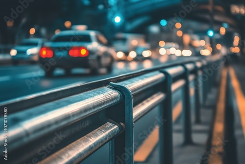 Metal railing placed by the road to prevent vehicle accidents transportation safety device focused shot