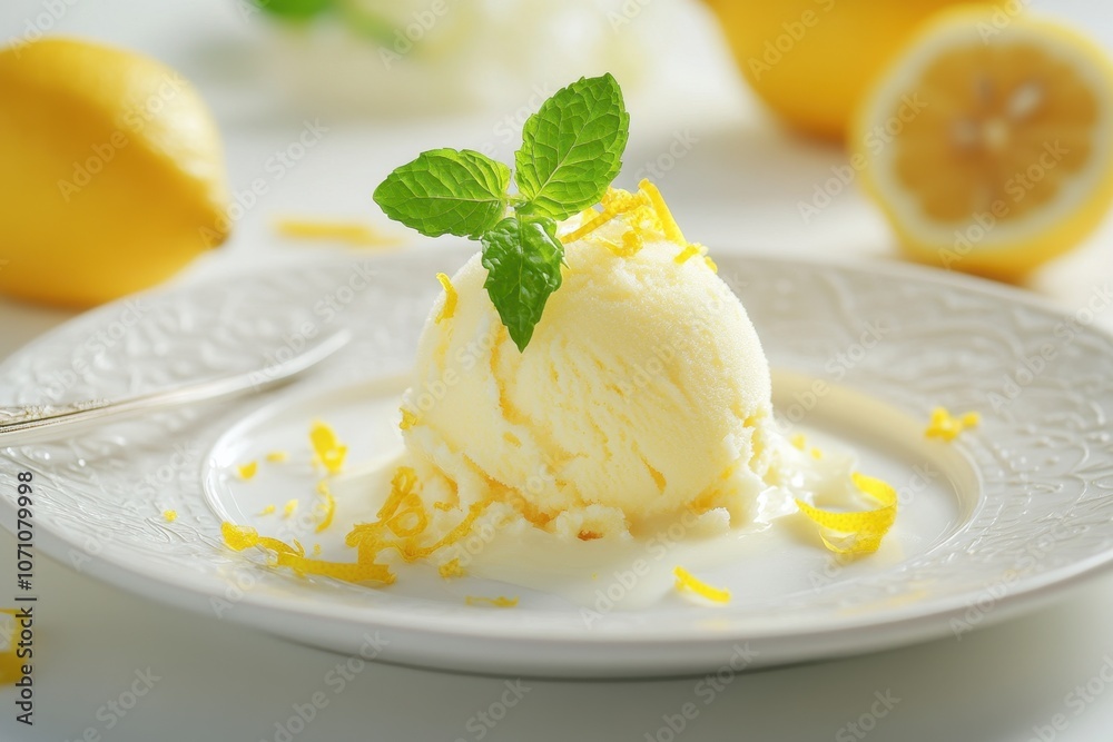 An elegant dessert plate featuring a scoop of lemon sorbet with a sprig of mint An elegant dessert plate featuring a scoop of lemon sorbet with a sprig of mint