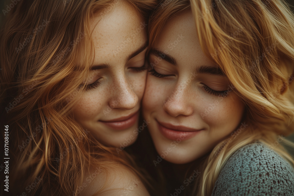 Friends share a comforting hug while enjoying a serene moment, capturing warmth and affection during a sunny afternoon Friends share a comforting hug while enjoying a serene moment, capturing warmth and affection during a sunny afternoon