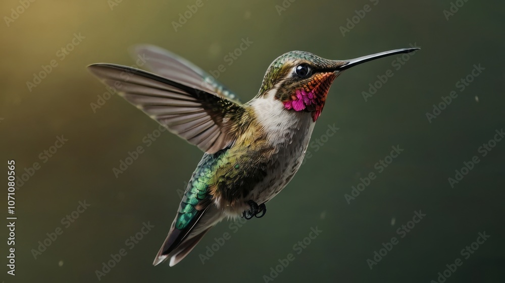 Fototapeta premium Hummingbird in flight with iridescent green, blue, and purple wings