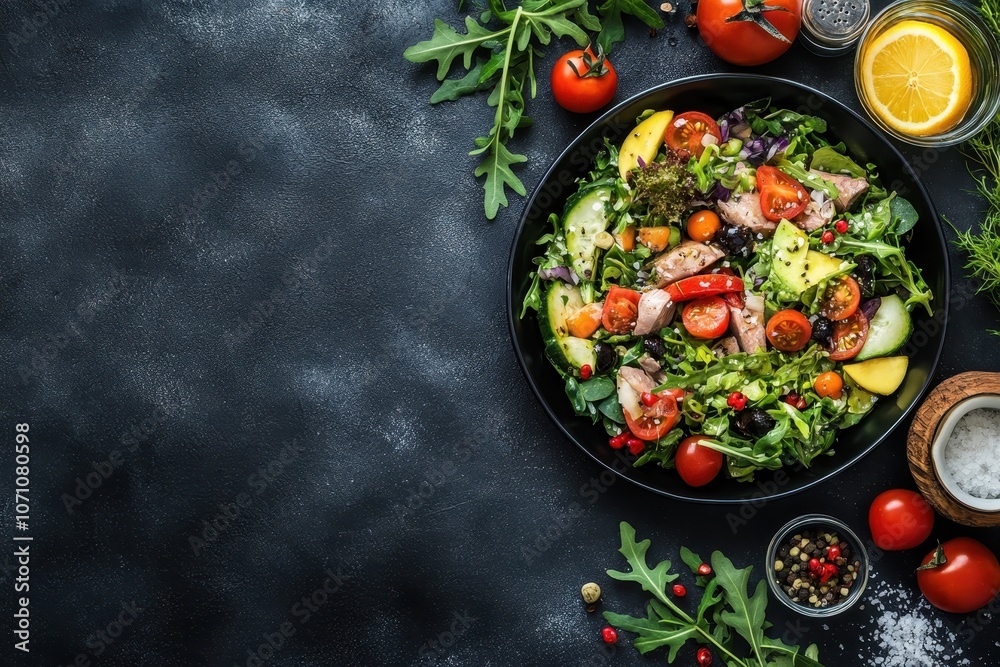 Nicoise salad classic French cuisine Tuna dish nutritious Mediterranean meal Overhead view blank space landscape advertisement Nicoise salad classic French cuisine Tuna dish nutritious Mediterranean meal Overhead view blank space landscape advertisement