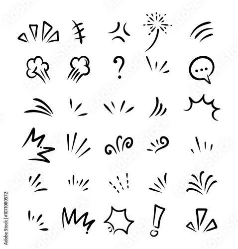 A collection of hand-drawn doodles depicting various comic-style effects and expressions in black ink on a white background