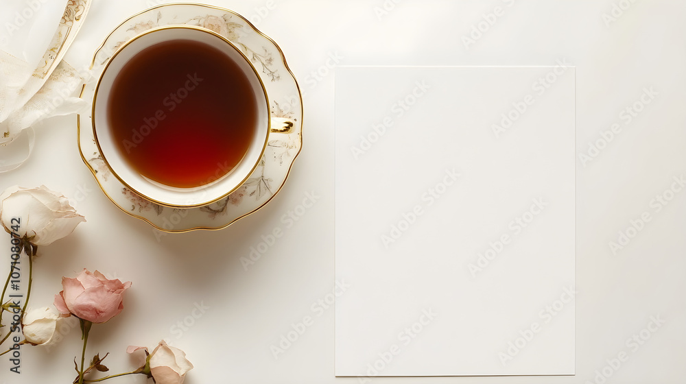 A blank menu mockup set next to a delicate tea cup and saucer A blank menu mockup set next to a delicate tea cup and saucer