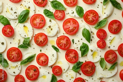 Overview of caprese salad featuring sliced tomatoes mozzarella basil and olive oil against a light backdrop