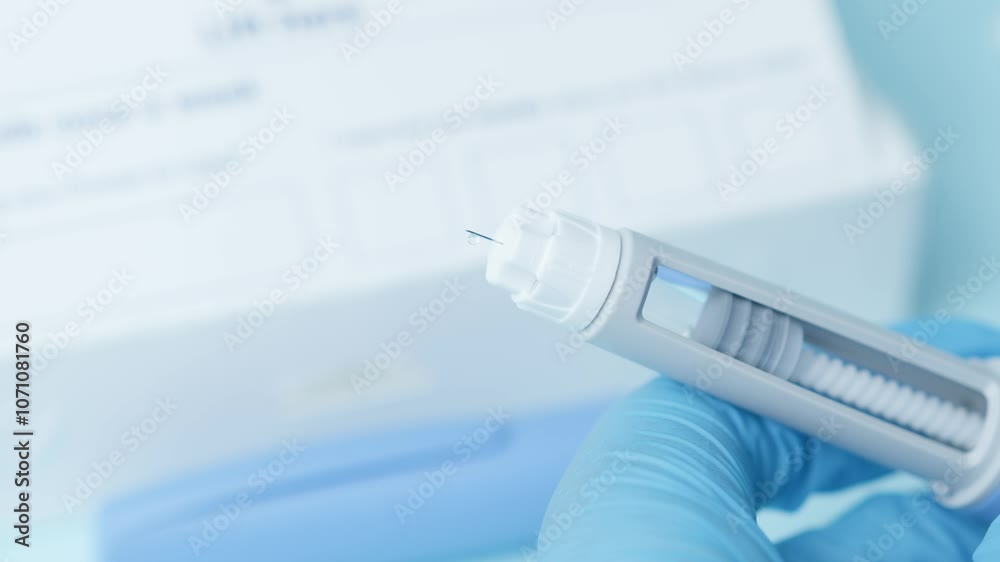 Close up on a needle on a diabetic medication pen. Hands with blue glowes taping pen. High quality 4k footage