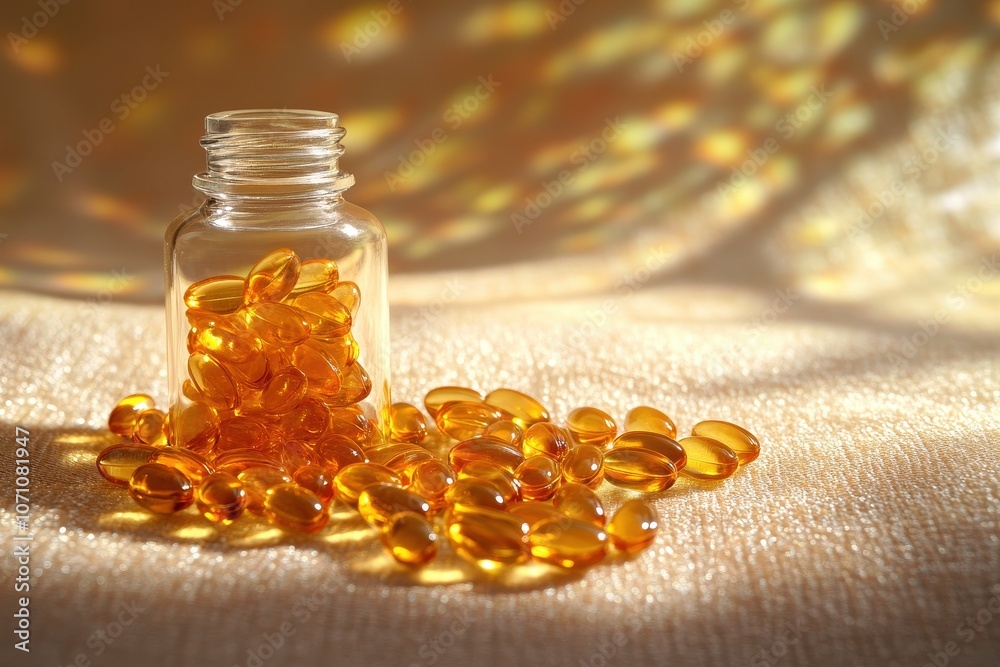 Pill bottle on a colorful backdrop Fish oil supplements Omega 3 6 9 vitamins A E D Pill bottle on a colorful backdrop Fish oil supplements Omega 3 6 9 vitamins A E D