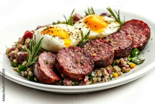 Platter of blood sausage barley salad and egg on a white background