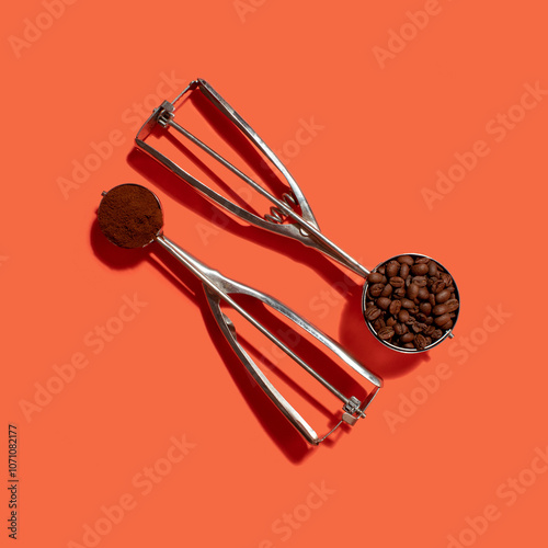 Coffee beans and ground coffee in ice cream scoops on orange background photo