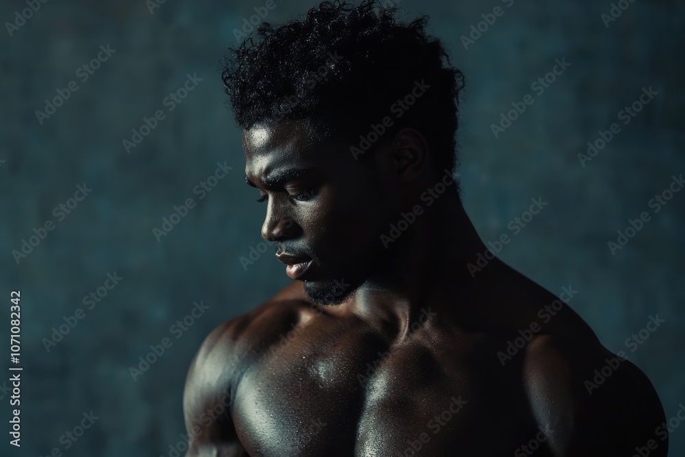Portrait of a muscular African man on a dark backdrop mockup for health and wellness Portrait of a muscular African man on a dark backdrop mockup for health and wellness