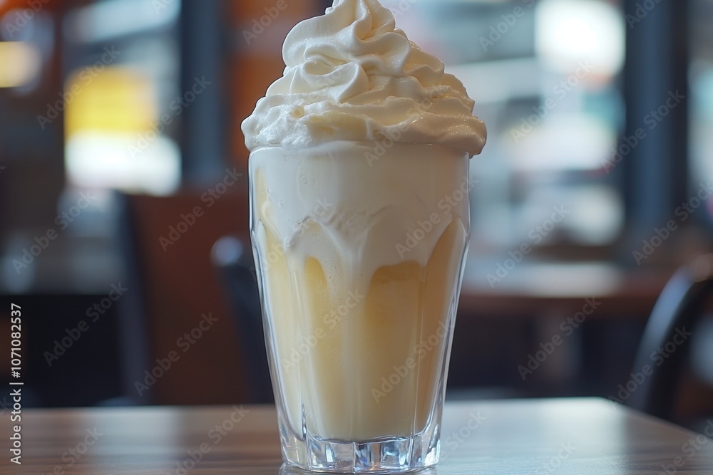 An ice cream float with vanilla ice cream and soda in a tall glass, topped with whipped cream.