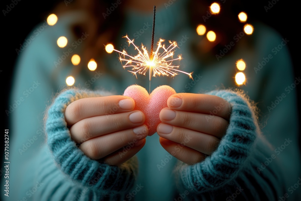 A serene image of hands holding a heart-shaped object, with a sparkling sparkler illuminating it against a bokeh background. A serene image of hands holding a heart-shaped object, with a sparkling sparkler illuminating it against a bokeh background.