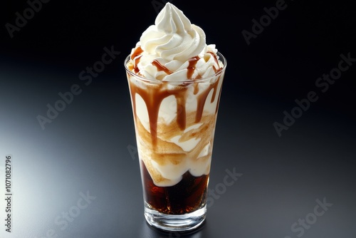 An ice cream float with vanilla ice cream and soda in a tall glass, topped with whipped cream.