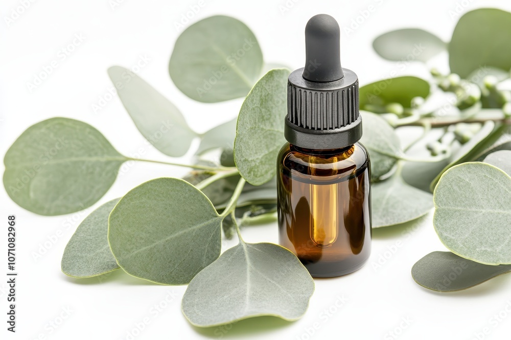 Pure eucalyptus oil with green leaves on a white backdrop Pure eucalyptus oil with green leaves on a white backdrop