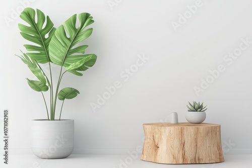 A stylish interior featuring a large green plant in a white pot alongside a wooden stump table with a small succulent.