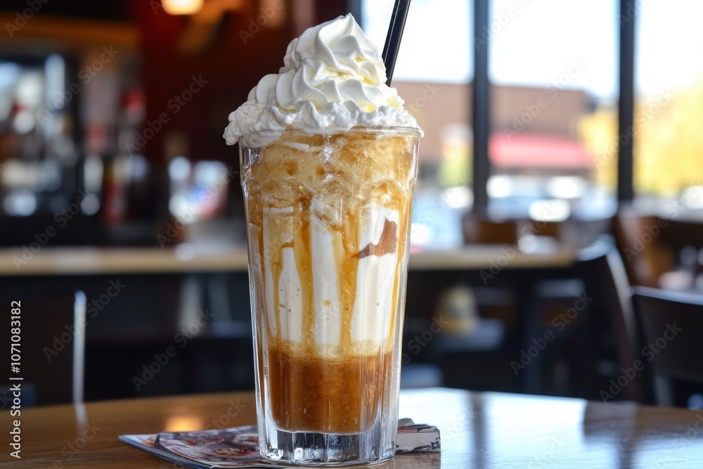 An ice cream float with vanilla ice cream and soda in a tall glass, topped with whipped cream. An ice cream float with vanilla ice cream and soda in a tall glass, topped with whipped cream.