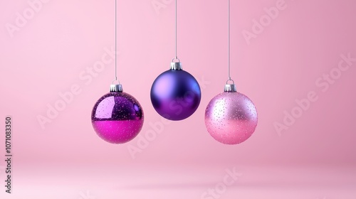 Three sparkling holiday ornaments in shades of purple and pink, hanging against a soft pink background.