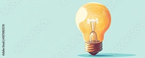 A glowing light bulb against a soft blue background, ideas, creativity, and innovation.