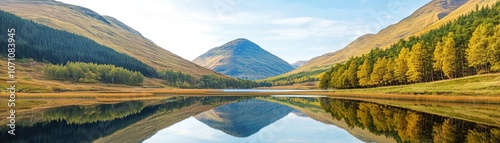 A serene landscape featuring mountains and a calm lake