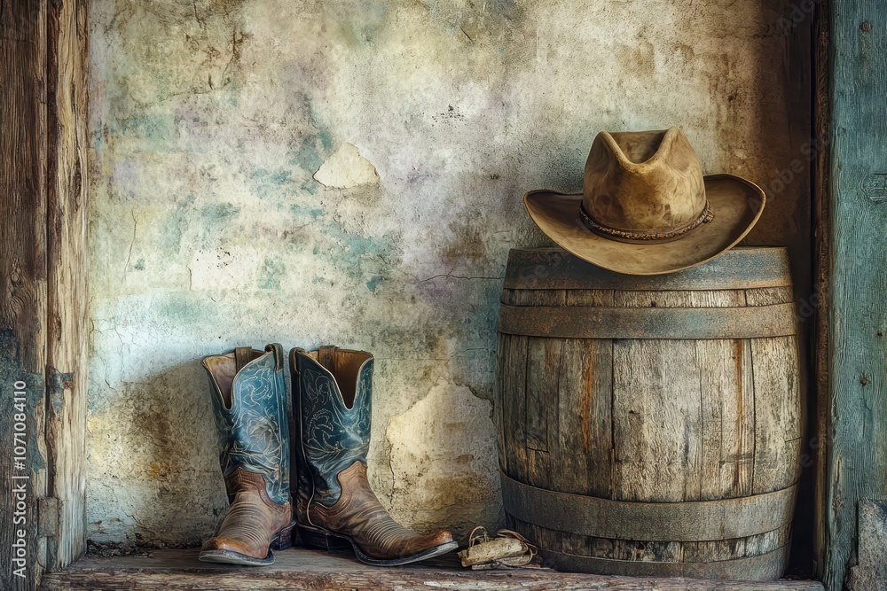 Retro cowboy hat worn leather boots and a weathered oak barrel Vintage style photo effect Retro cowboy hat worn leather boots and a weathered oak barrel Vintage style photo effect