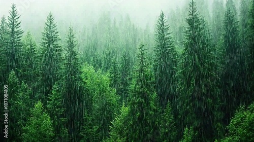   A dense forest brimming with tall green trees concealed under a heavy veil of fog and drizzled in rain