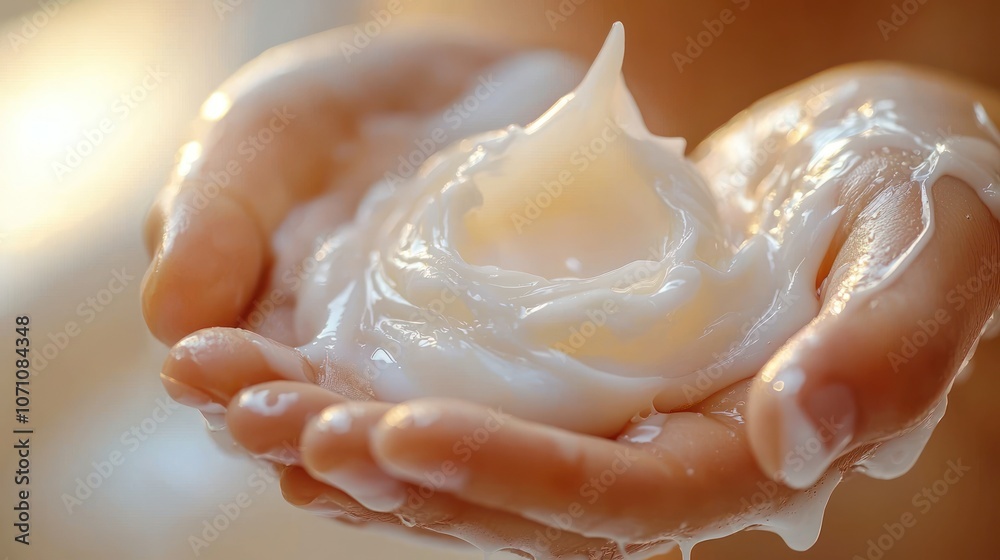 Close-up of White Lotion in Hand with Light Reflection Close-up of White Lotion in Hand with Light Reflection