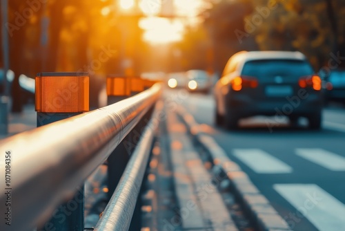 Roadside metal barrier for vehicle accident protection Transportation safety object selective focus photo