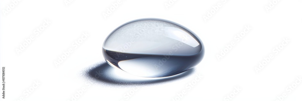 A macro shot of a single water drop falling with light reflections and soft shadows, isolated on a bright white background A macro shot of a single water drop falling with light reflections and soft shadows, isolated on a bright white background