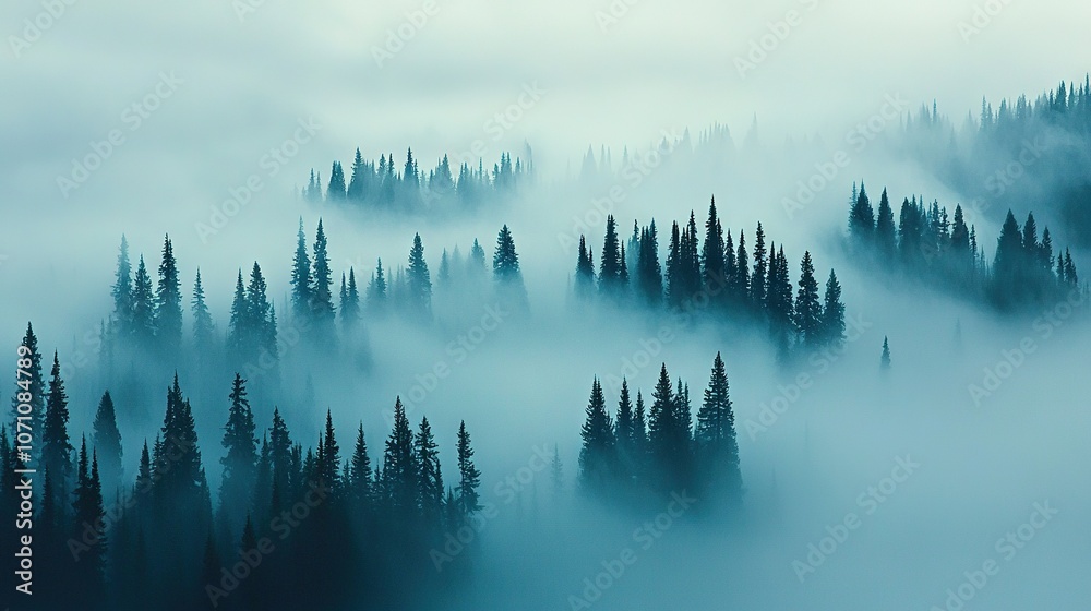 Obraz premium A dense forest covers a misty hillside, featuring numerous trees in the foreground