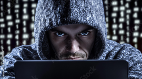  A shadowy figure cloaked in a hoodie, embodying a hacker, with a chaotic swirl of binary code in the background, symbolizing the complex and dangerous digital world of cyber threats. photo