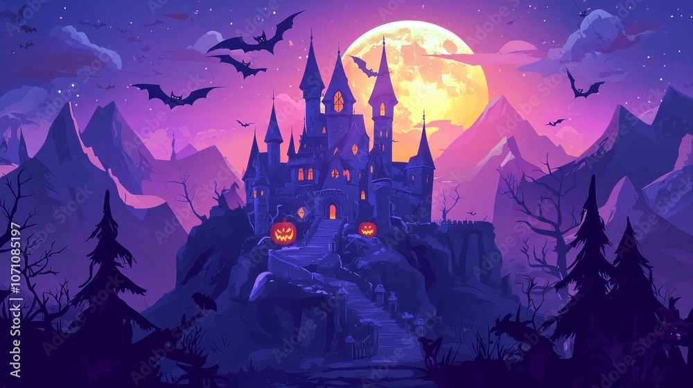 scene features gothic castle perched mountain decorated eerie pumpkins. full moon illuminates night sky and bats and owls fly enhancing Halloween ambiance. scene features gothic castle perched mountain decorated eerie pumpkins. full moon illuminates night sky and bats and owls fly enhancing Halloween ambiance.