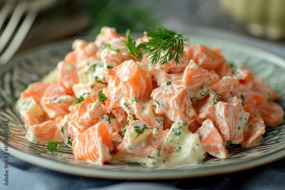 Smoked salmon salad from Russia on a dish Smoked salmon salad from Russia on a dish