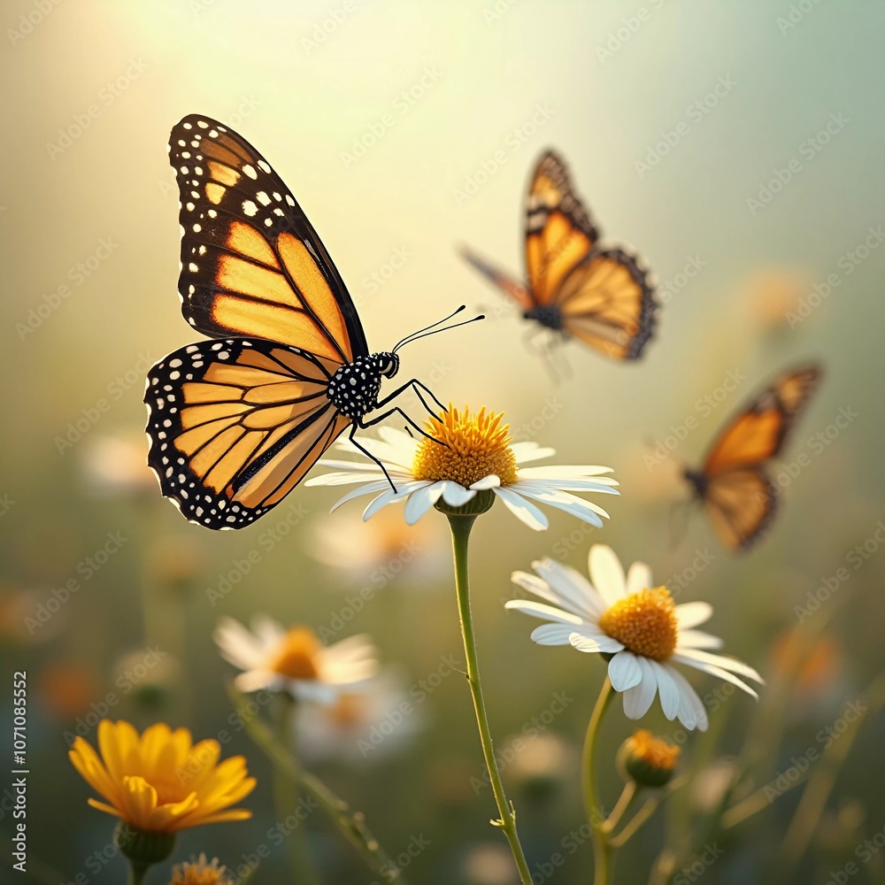 Fototapeta premium A delicate monarch butterfly gracefully flits above bright orange flowers, surrounded by a soft, blurred background that evokes a serene garden atmosphere. Generative AI