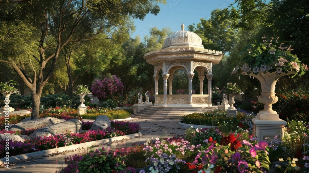 The pavilion has a classic architectural design, surrounded by colorful flowers and shady trees.