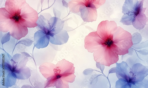 Floral fabric pattern, soft pastel blooms, delicate vines, watercolor style