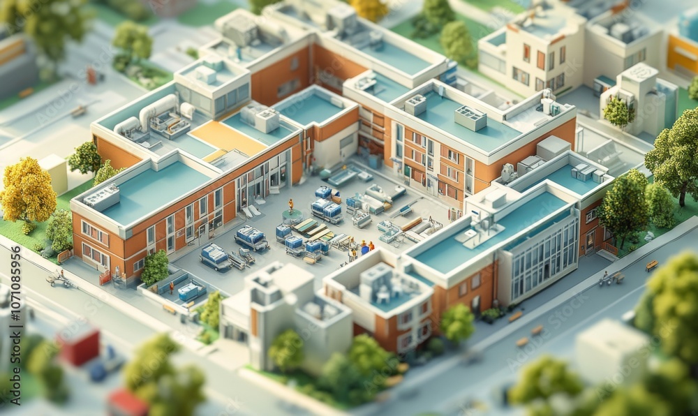 Isometric hospital with multiple departments, from emergency rooms to operating theaters, detailed and functional, 3D illustration Isometric hospital with multiple departments, from emergency rooms to operating theaters, detailed and functional, 3D illustration