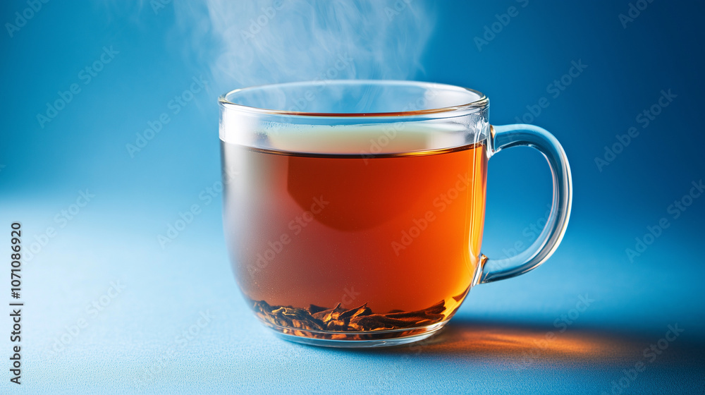 A steaming mug of tea against a blue background, with wisps of steam rising, creating a warm and calming atmosphere.