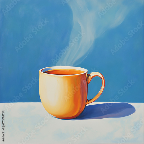 A steaming mug of tea against a blue background, with wisps of steam rising, creating a warm and calming atmosphere.